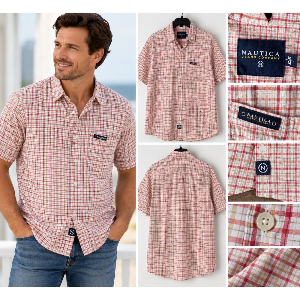 Nautica Jeans Co Men’s Medium Plaid Short Sleeve Button Up Shirt 100% Cotton